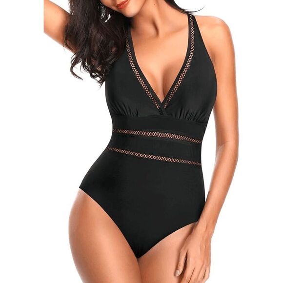 Tempt Me Black Halter Neck Sheer Striped One Piece Swimsuit Med NWT - Picture 8 of 8